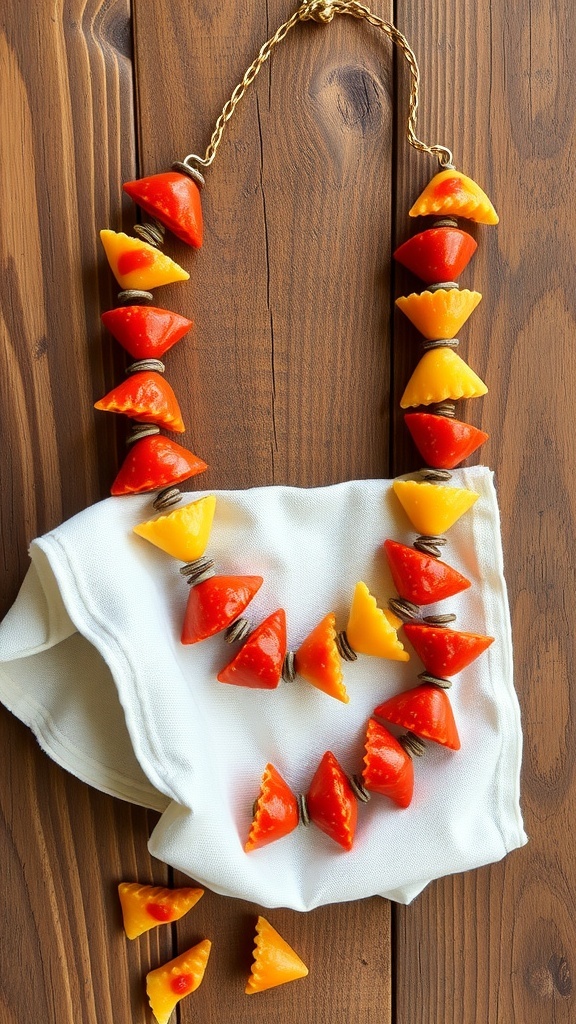 Tomato Basil Pasta Necklace Recipe An edible necklace made of pasta and tomato sauce, displayed on a rustic background.